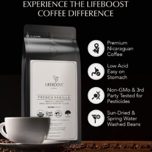 Lifeboost Coffee French Vanilla Ground Coffee - Low Acid Single Origin USDA Organic Coffee - Non-GMO Ground Coffee Beans Third Party Tested For Mycotoxins & Pesticides - 12 Ounces