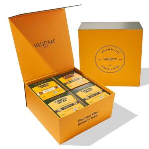 vahdam, turmeric tea gift set (4 flavors, 60 herbal tea bags) caffeine free, gluten free, non gmo | tea variety pack - long leaf pyramid herbal tea bags variety pack | gifts for women & men