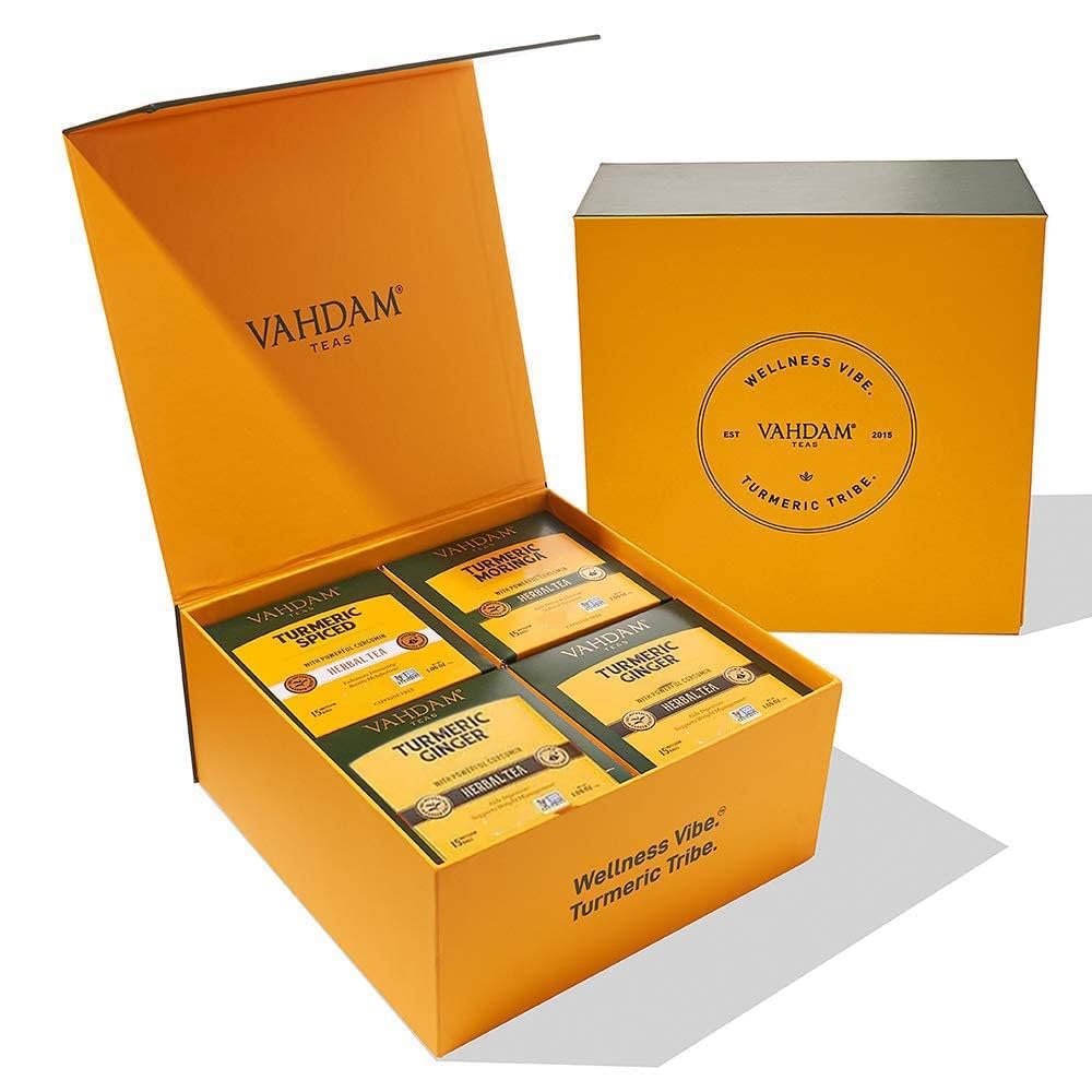 VAHDAM, Turmeric Tea Gift Set (4 Flavors, 60 Herbal Tea Bags) Caffeine Free, Gluten Free, Non GMO | Tea Variety Pack - Long Leaf Pyramid Herbal Tea Bags Variety Pack | Gifts for Women & Men