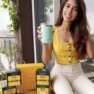 VAHDAM, Turmeric Tea Gift Set (4 Flavors, 60 Herbal Tea Bags) Caffeine Free, Gluten Free, Non GMO | Tea Variety Pack - Long Leaf Pyramid Herbal Tea Bags Variety Pack | Gifts for Women & Men