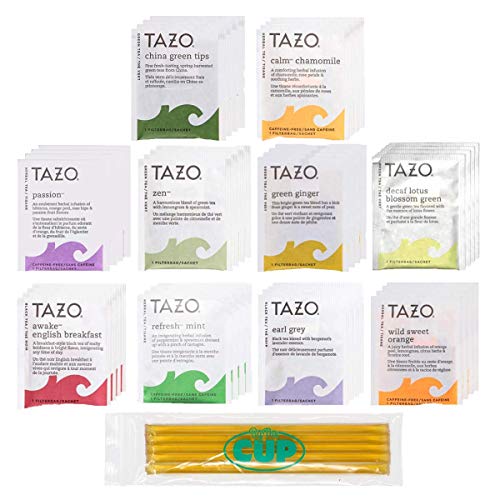 Tazo Tea Bags Sampler 40 Count Variety Gift Box, 10 Different Flavors with By The Cup Honey Sticks