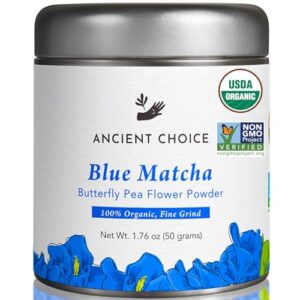 ancient choice - blue matcha (50 grams) | usda organic | butterfly pea flower powder tea | medium grind | sun-dried in thailand | non-gmo | no plastic | non-plastic packaging | gourmet superfood