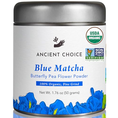 Ancient Choice - Blue Matcha (50 grams) | USDA Organic | Butterfly Pea Flower Powder Tea | Medium Grind | Sun-dried in Thailand | Non-GMO | No Plastic | Non-Plastic Packaging | Gourmet Superfood