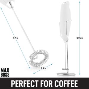 Milk Boss Mighty Milk Frother Handheld Whisk Mixer - Coffee Frother Electric Handheld Foam Maker & Frother For Coffee - Portable Electric Whisk With 16-Piece Stencils For Lattes, Matcha (Black)