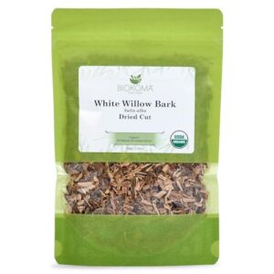 biokoma pure and organic white willow bark dried cut 100g (3.55oz) in resealable moisture proof pouch, usda certified organic - herbal tea, no additives, no preservatives, no gmo