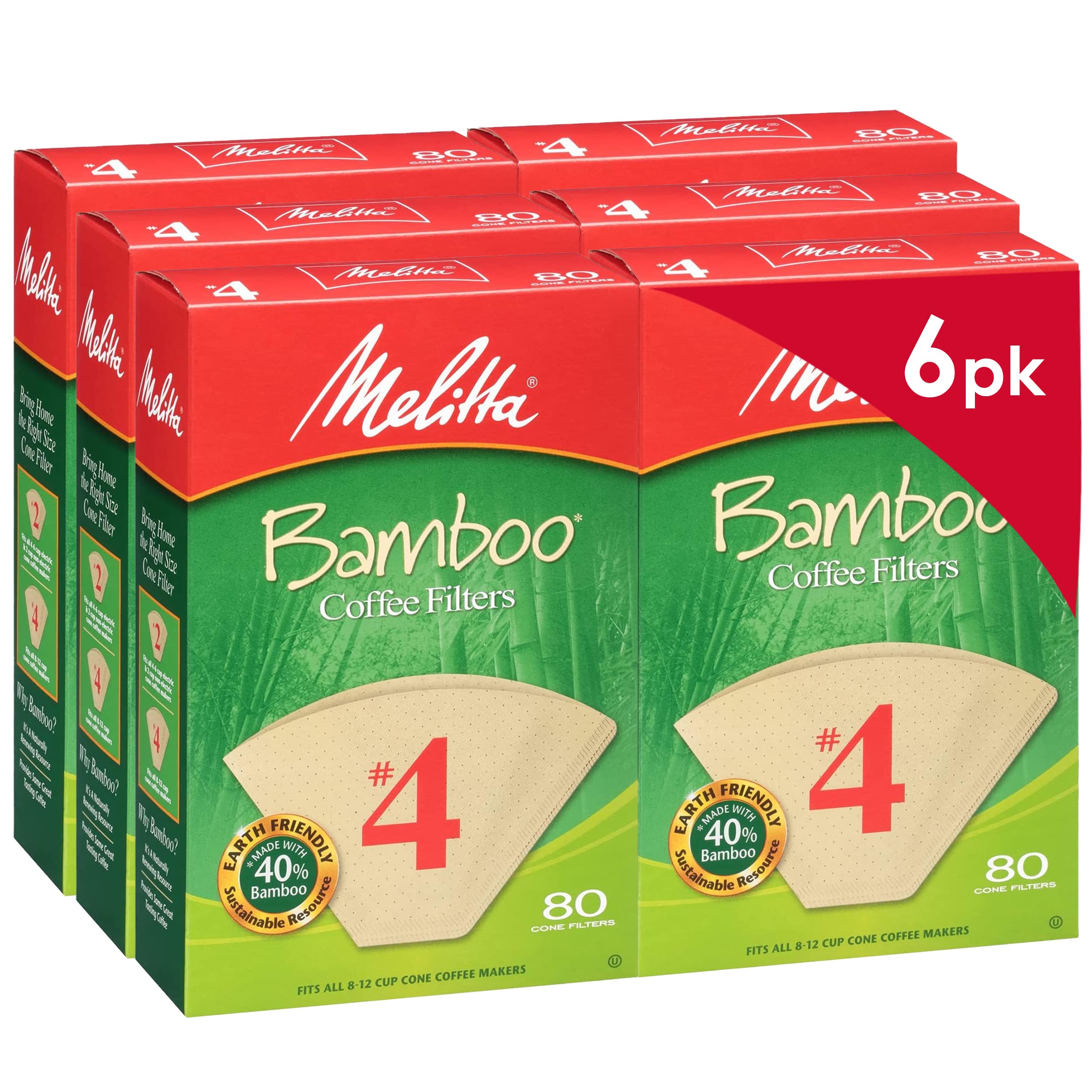 Melitta 4 Cone Coffee Filters, Bamboo, 80 Count (Pack of 6) 480 Total Filters Count - Packaging May Vary