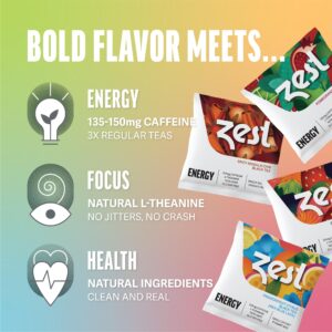 Zest 135-150mg High Caffeine Energy Leaf Blends - Variety Mini Sampler Pack - Black Tea & Green Tea - 8 Tea Bags - Natural Strong Flavored Healthy Coffee Alternative Highly Caffeinated Keto Substitute