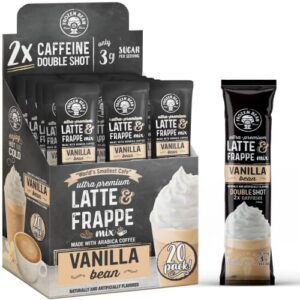 the frozen bean - vanilla bean coffee frappe & latte instant mix with arabica coffee, double caffiene, low sugar - for hot, iced, or frappuccino-style blended drinks - (20) 0.53oz single serve sticks