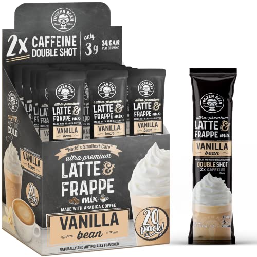 The Frozen Bean - Vanilla Bean Coffee Frappe & Latte Instant Mix with Arabica Coffee, Double Caffiene, Low Sugar - for Hot, Iced, or Frappuccino-Style Blended Drinks - (20) 0.53oz Single Serve Sticks