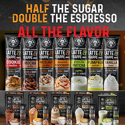 The Frozen Bean - Vanilla Bean Coffee Frappe & Latte Instant Mix with Arabica Coffee, Double Caffiene, Low Sugar - for Hot, Iced, or Frappuccino-Style Blended Drinks - (20) 0.53oz Single Serve Sticks