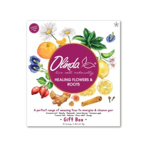 olinda healing flowers & roots gift box, 45 tea bags, cinnamon mint, beauty, chamomile, lemon blossom, cinnamon apple, turmeric, valerian, stress relief and orange teas - 1 box