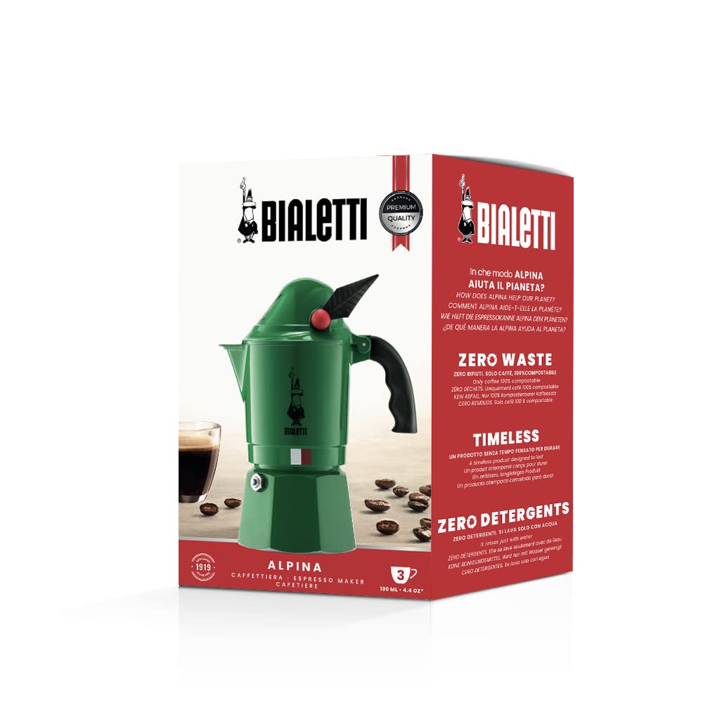 Bialetti - Moka Express Alpina: Iconic Stovetop Espresso Maker, Moka Pot 3 Cups (4.3 Oz - 130 Ml), Aluminium, Green