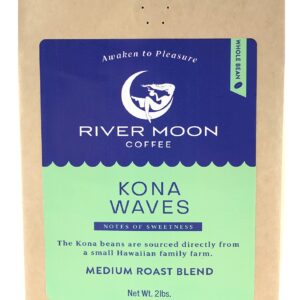 River Moon Coffee, Kona Coffee Whole Bean, Medium Roast, 2 lbs., Kona Waves Hawaiian Coffee Blend, Sustainably Farmed, 32 Ounces, 100% Arabica