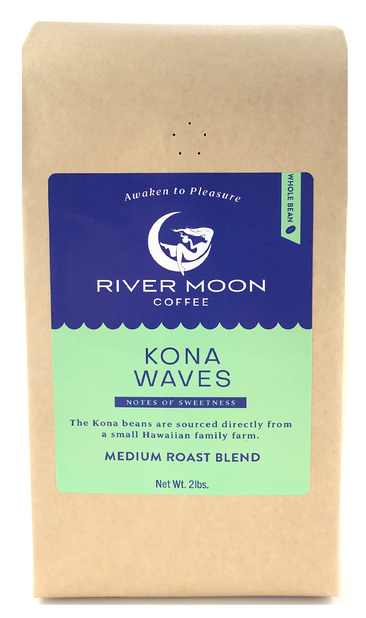 River Moon Coffee, Kona Coffee Whole Bean, Medium Roast, 2 lbs., Kona Waves Hawaiian Coffee Blend, Sustainably Farmed, 32 Ounces, 100% Arabica