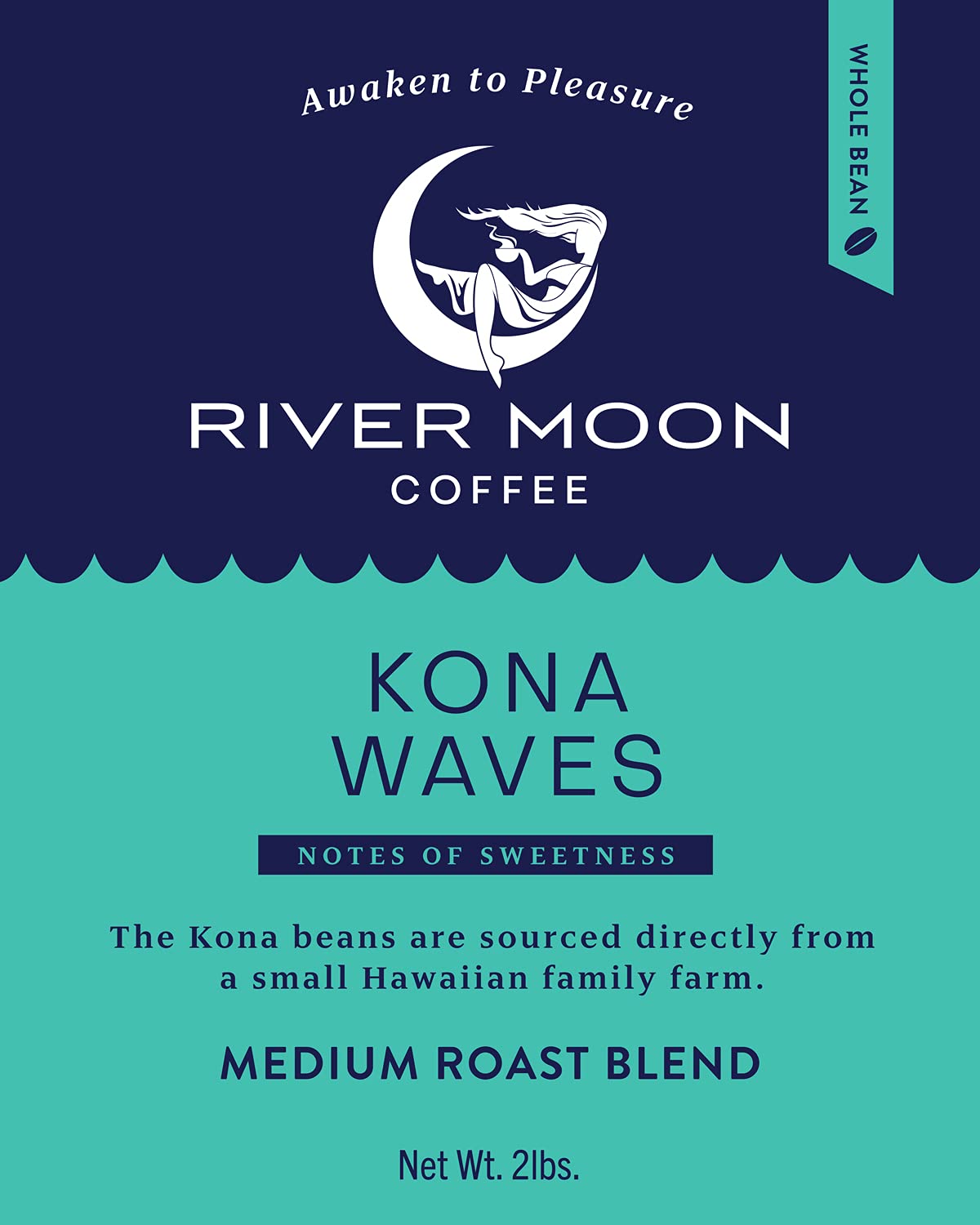 River Moon Coffee, Kona Coffee Whole Bean, Medium Roast, 2 lbs., Kona Waves Hawaiian Coffee Blend, Sustainably Farmed, 32 Ounces, 100% Arabica