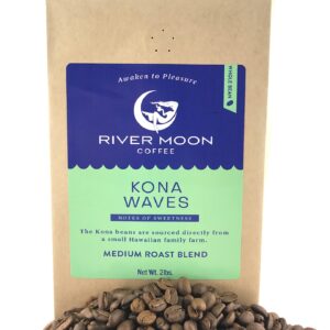 River Moon Coffee, Kona Coffee Whole Bean, Medium Roast, 2 lbs., Kona Waves Hawaiian Coffee Blend, Sustainably Farmed, 32 Ounces, 100% Arabica