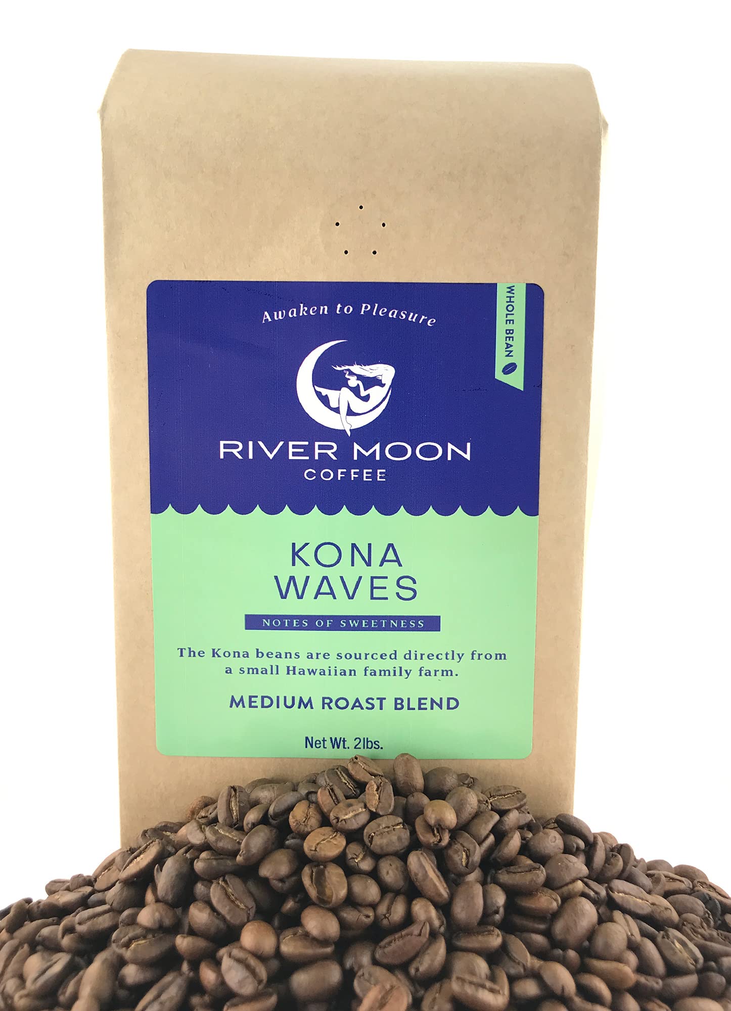 River Moon Coffee, Kona Coffee Whole Bean, Medium Roast, 2 lbs., Kona Waves Hawaiian Coffee Blend, Sustainably Farmed, 32 Ounces, 100% Arabica