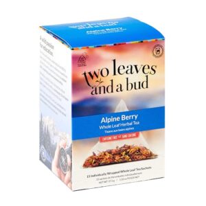 two leaves and a bud alpine berry herbal tea bags, naturally caffeine free, whole leaf herbal tea with hibiscus in compostable sachets, hot or iced, 15 count (pack of 1)