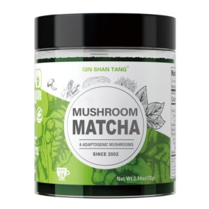 mushroom matcha powder, unsweetened, mixed with six mushroom extracts and ceremonial grade matcha green tea, 24 servings