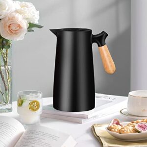 CUDINHAM Thermal Coffee Carafes for Keeping Hot,34oz Large Capacity Thermos for Hot Drinks,24 Hours Heat Retention,Double Wall Vacuum Coffee Thermos with Solid Wood Handle.(Black)