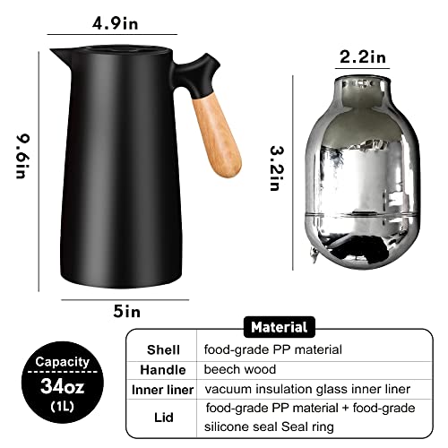 CUDINHAM Thermal Coffee Carafes for Keeping Hot,34oz Large Capacity Thermos for Hot Drinks,24 Hours Heat Retention,Double Wall Vacuum Coffee Thermos with Solid Wood Handle.(Black)