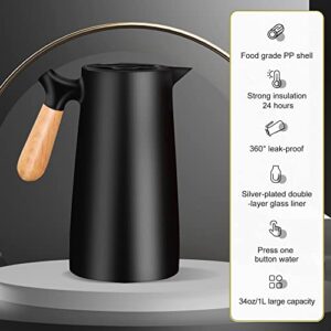 CUDINHAM Thermal Coffee Carafes for Keeping Hot,34oz Large Capacity Thermos for Hot Drinks,24 Hours Heat Retention,Double Wall Vacuum Coffee Thermos with Solid Wood Handle.(Black)