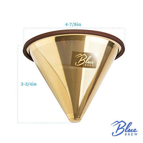 BLUE BREW Pour Over Coffee Filter, Titanium Coated Stainless Steel Coffee Filter, Paperless & Reusable Pour Over Coffee Maker, Double-Layered Mesh Coffee Cone (1-4 Cups), BB1004