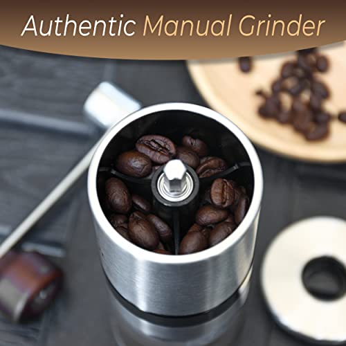 KOKAIL Manual Coffee Grinder | Hand Coffee Grinder with Crank Handle Wood Knob having 6 Adjustable Grind Settings, Includes Extra Glass Jar, Velvet Storage Bag, Spoon & Cleaning Brush