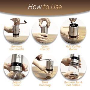 KOKAIL Manual Coffee Grinder | Hand Coffee Grinder with Crank Handle Wood Knob having 6 Adjustable Grind Settings, Includes Extra Glass Jar, Velvet Storage Bag, Spoon & Cleaning Brush