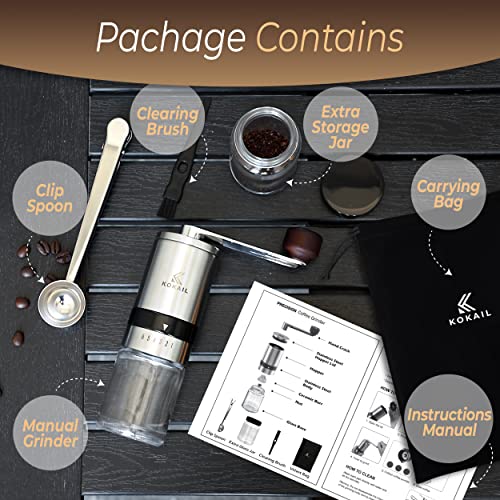 KOKAIL Manual Coffee Grinder | Hand Coffee Grinder with Crank Handle Wood Knob having 6 Adjustable Grind Settings, Includes Extra Glass Jar, Velvet Storage Bag, Spoon & Cleaning Brush