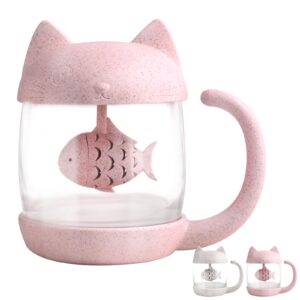 bignosedeer cat tea cup cute tea mug glass tea pot with fish tea infuser for loose leaf tea (pink 8oz)