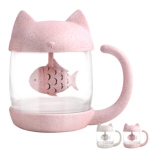 BigNoseDeer Cat Tea Cup Cute Tea Mug Glass Tea Pot with Fish Tea Infuser for Loose Leaf Tea (Pink 8oz)