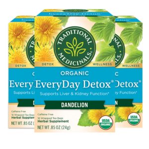 traditional medicinals organic everyday detox dandelion herbal tea, supports liver & kidney function, (pack of 3) - 48 tea bags total