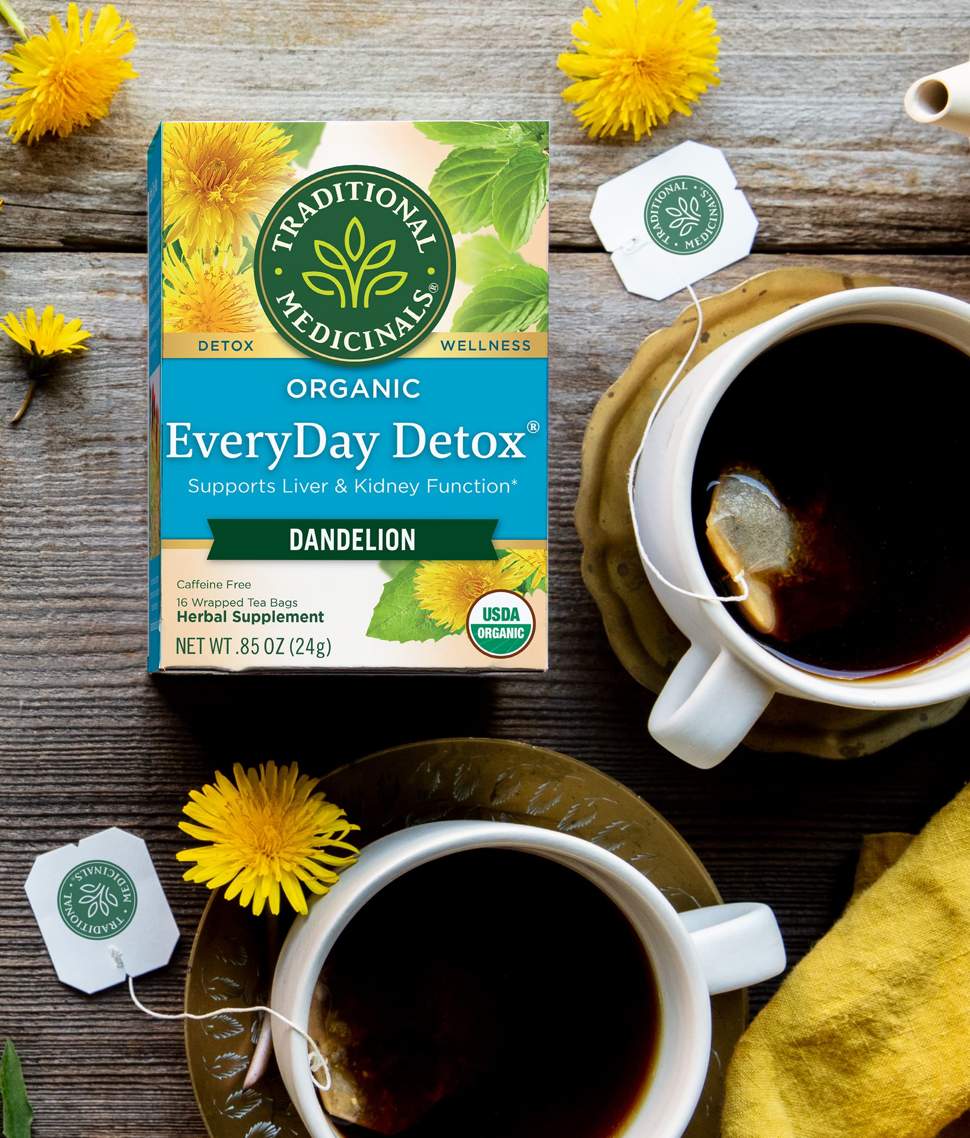 Traditional Medicinals Organic EveryDay Detox Dandelion Herbal Tea, Supports Liver & Kidney Function, (Pack of 3) - 48 Tea Bags Total