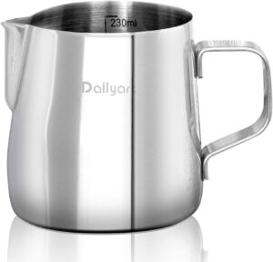 dailyart milk frothing pitcher 8 oz/250ml - 304 stainless steel milk frother cup with special dripless spout and scale, espresso machine accessories, milk steaming pitcher for cappuccino, latte art