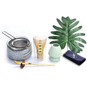 Artcome Japanese Matcha Tea Set, Matcha Whisk, Traditional Scoop, Matcha Bowl, Ceramic Whisk Holder, Handmade Ceremony Kit (7 Pcs)