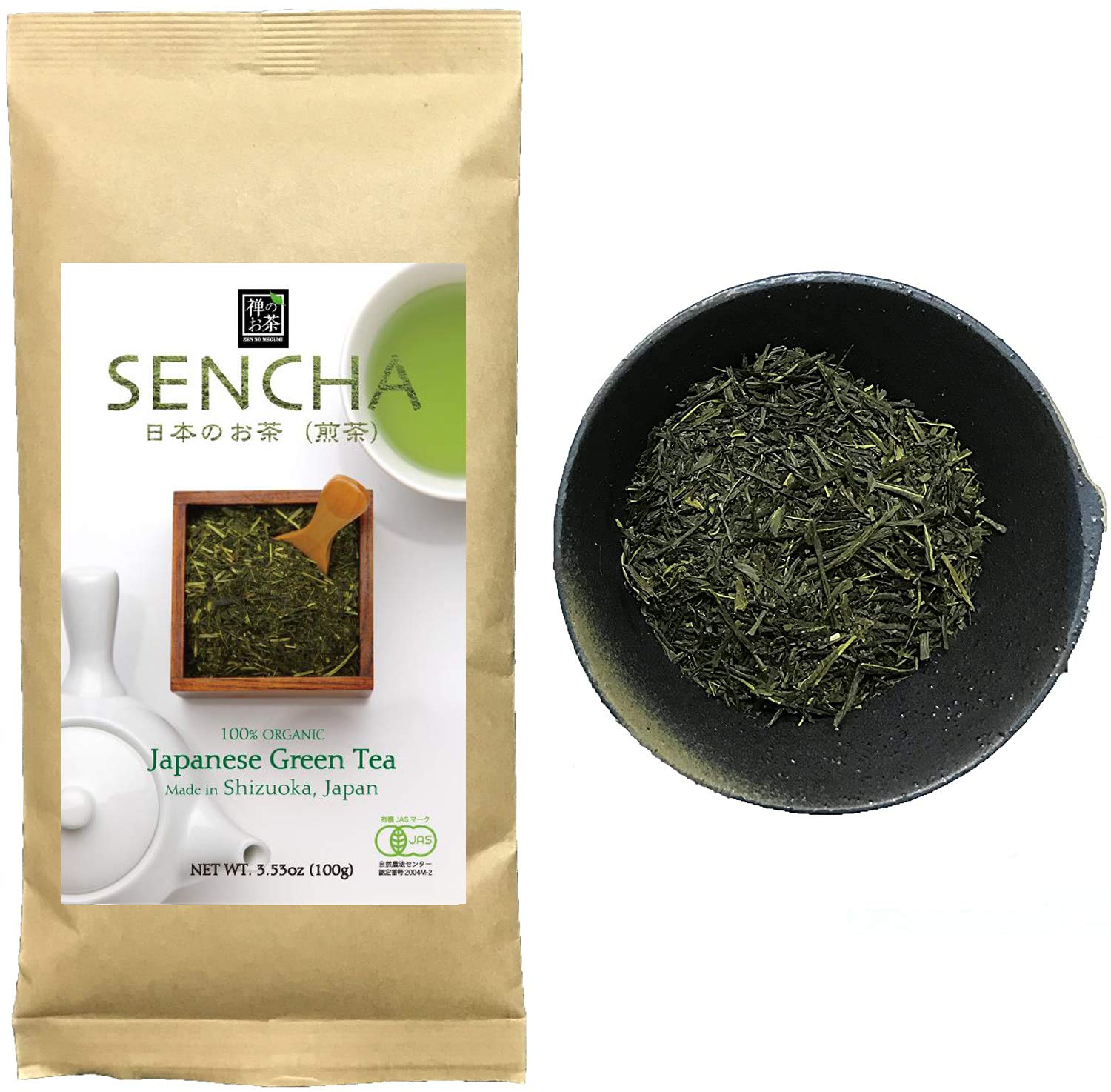 Zen no Megumi Sencha tea Standard - Japanese loose leaf Organic Green tea Made in Shizuoka Japan (Sencha tea Standard 3.53oz 100g)