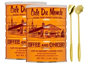 cafe du monde ground original french chicory roast chocolate-like coffee set 2 packs with 2 stainless steel mixing stirring spoon | coffee stirrers