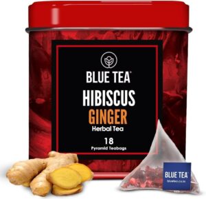 blue tea - hibiscus ginger herbal tea - 18 tea bags | detox tea | caffeine & gluten free - non-gmo | tin packaging |