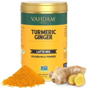 vahdam, turmeric ginger latte mix (40 cups, 3.53oz) caffeine-free, non-gmo, gluten free | golden milk powder with curcumin, black pepper & ginger | brew hot/iced tea or turmeric latte