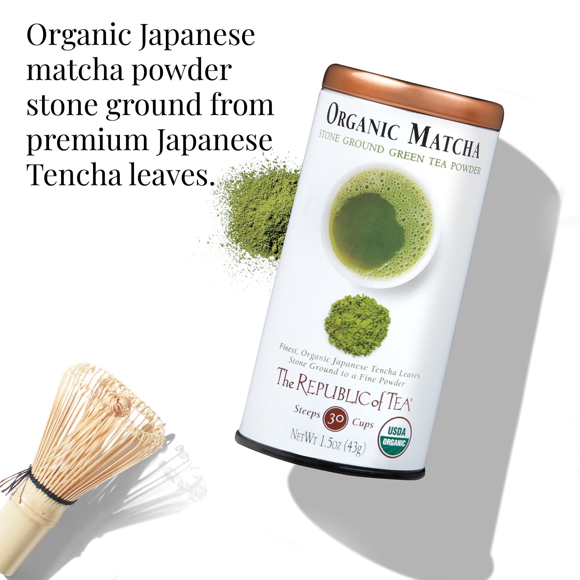 The Republic of Tea Organic Full-Leaf Japanese Matcha Green Tea Powder, 1.5 Oz Tin | Steeps 30 Cups