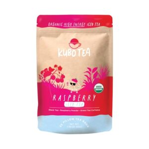 kubo tea, organic high energy ice tea, high caffeine blend, 20 servings (155mg caffeine each), pillow tea bags, kraft packaging, healthy coffee substitute (raspberry)