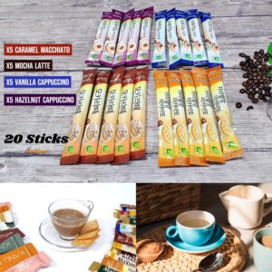 CUTIE MANGO Maxim Variety 20 Sticks Single Serve Premium Korean Instant Coffee Cappuccino Vanilla &Hazelnut Mocha Latte, Caramel Macchiato, 4 Flavors Packs Sampler Easy Cut (5 Sticks Each)