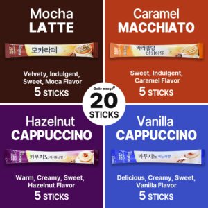 CUTIE MANGO Maxim Variety 20 Sticks Single Serve Premium Korean Instant Coffee Cappuccino Vanilla &Hazelnut Mocha Latte, Caramel Macchiato, 4 Flavors Packs Sampler Easy Cut (5 Sticks Each)