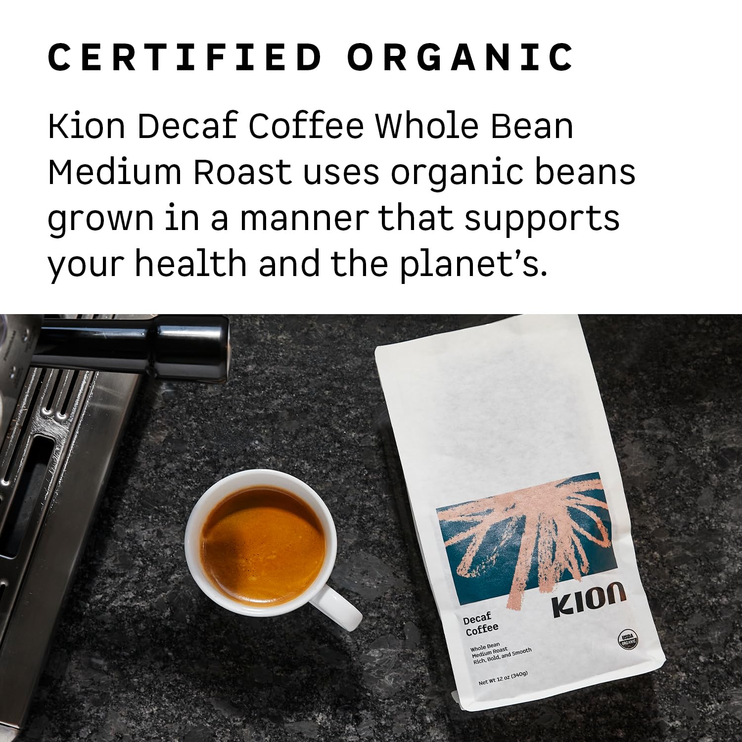 Kion Organic Decaf Whole Bean Coffee, Tested for Toxins, Ethically Sourced, Rich, Bold, and Smooth, Medium Roast 12 Oz (1 Pack)