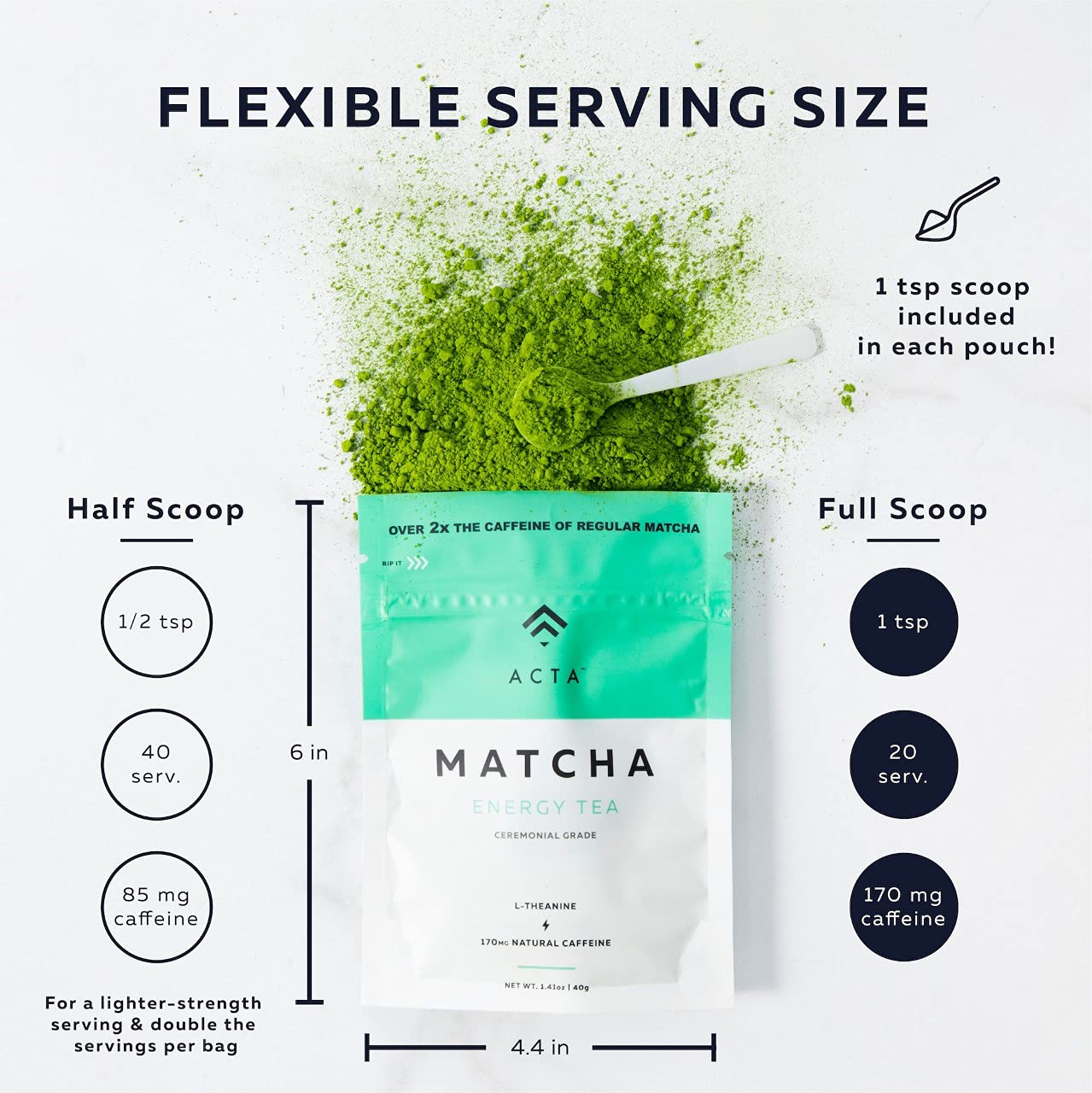 ACTA Matcha Energy Tea 40g, High Caffeine (170mg) Blend for Increased Focus & Clarity, Perfect Coffee Alternative Made with Ceremonial Grade Matcha Green Tea Powder from Japan