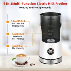 Electric Milk Frother, 4 IN 1 Electric Milk Steamer, Automatic Warm and Cold Milk Foam Maker, 8.4oz/250ml, Stainless Steel Milk Warmer for Latte, Cappuccinos, Macchiato, Hot Chocolate Milk