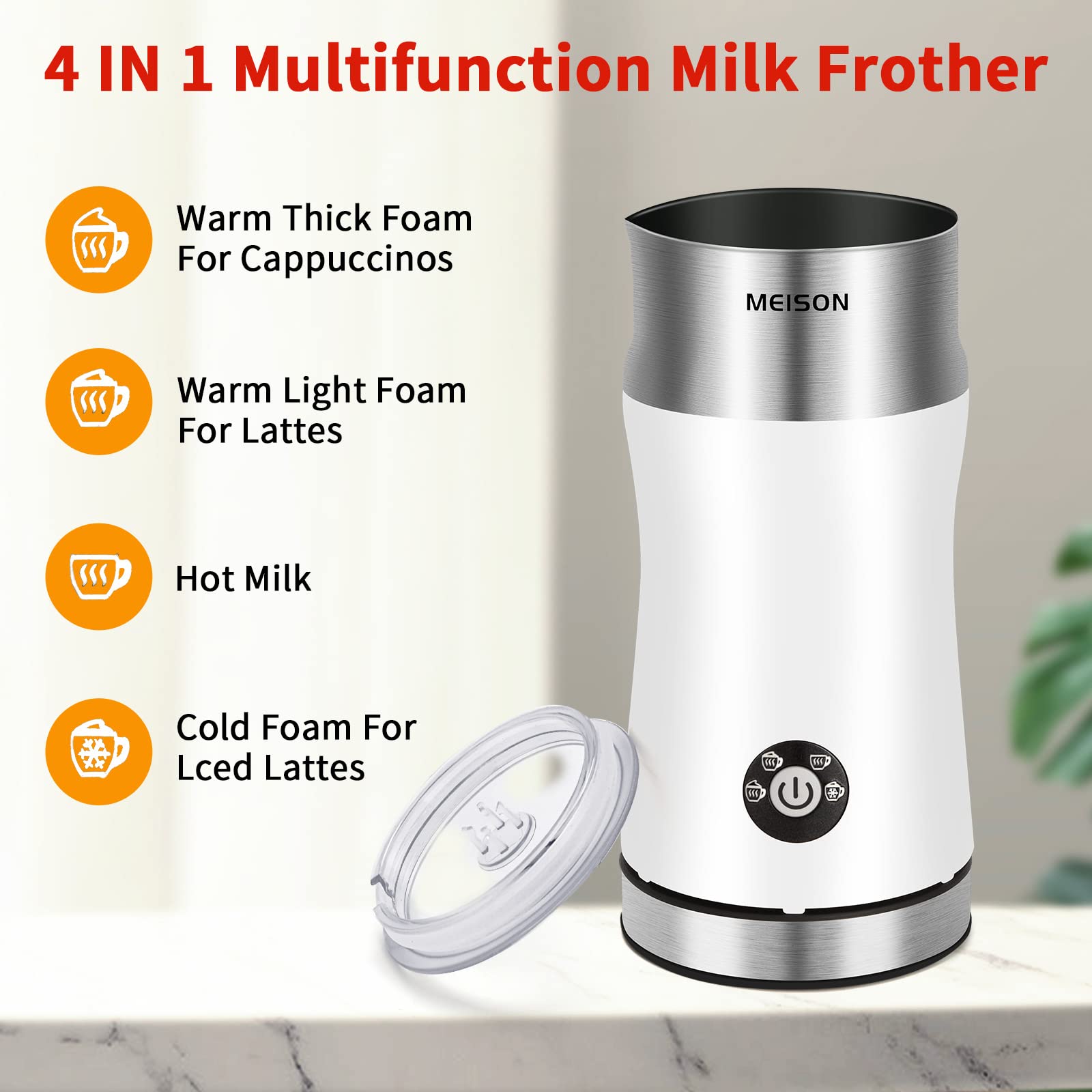 Electric Milk Frother, 4 IN 1 Electric Milk Steamer, Automatic Warm and Cold Milk Foam Maker, 8.4oz/250ml, Stainless Steel Milk Warmer for Latte, Cappuccinos, Macchiato, Hot Chocolate Milk