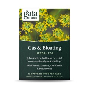 gaia herbs gas & bloating herbal tea - supports relief for digestive discomfort, gas & bloating - with fennel, licorice root, chamomile & more - 16 caffeine-free herbal tea bags (1 box of 16 bags)