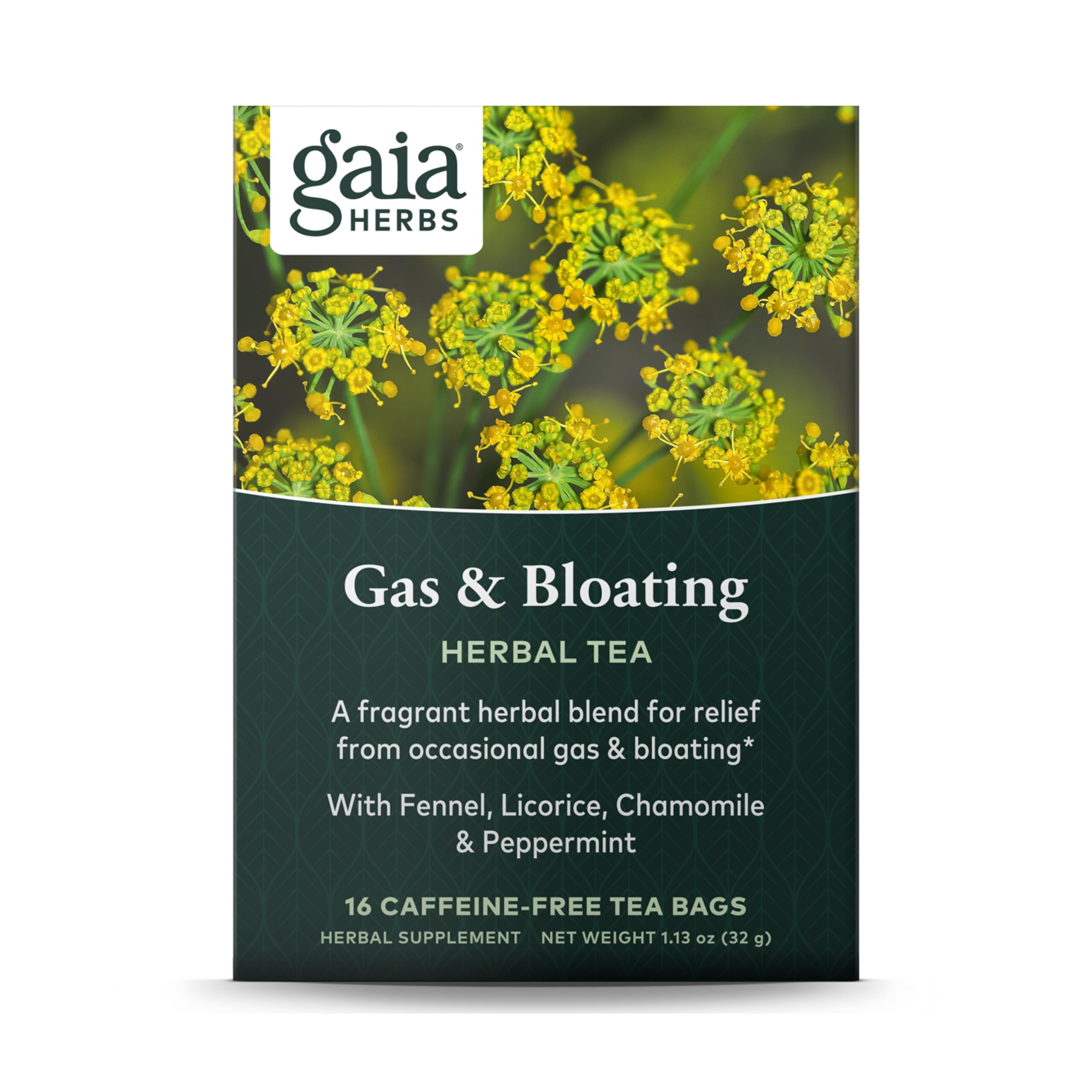 Gaia Herbs Gas & Bloating Herbal Tea - Supports Relief for Digestive Discomfort, Gas & Bloating - With Fennel, Licorice Root, Chamomile & More - 16 Caffeine-Free Herbal Tea Bags (1 Box of 16 Bags)
